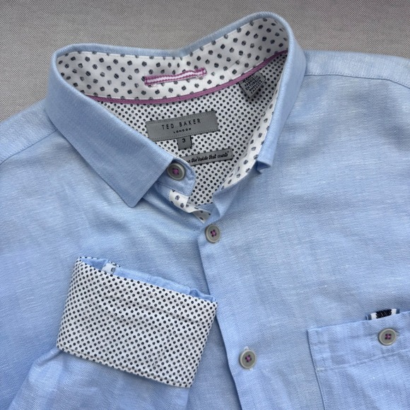 Ted Baker London Men Shirt Size 3 Blue Cotton Linen Long Sleeve Button Up Modern - Picture 1 of 12